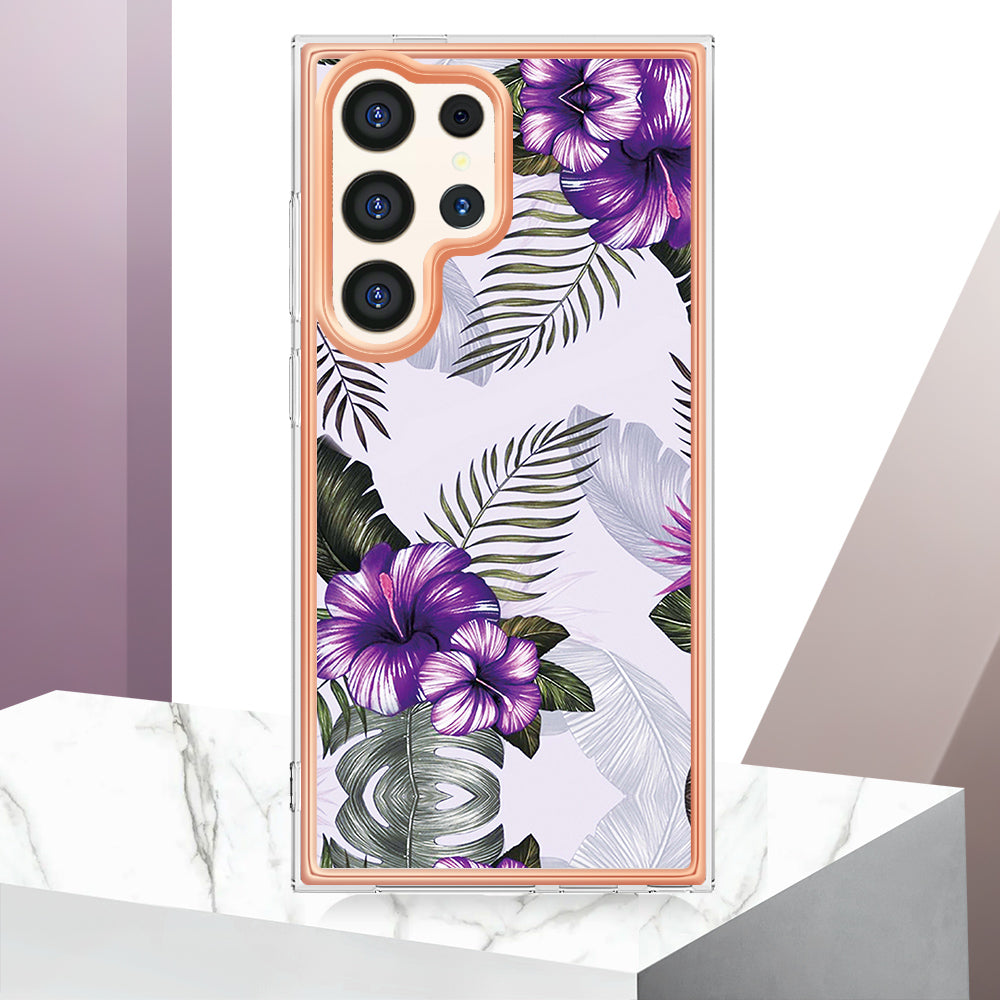 YB IMD Series-1 For Samsung Galaxy S24 Ultra Case Flexible TPU Plating Phone Cover - Purple Flower