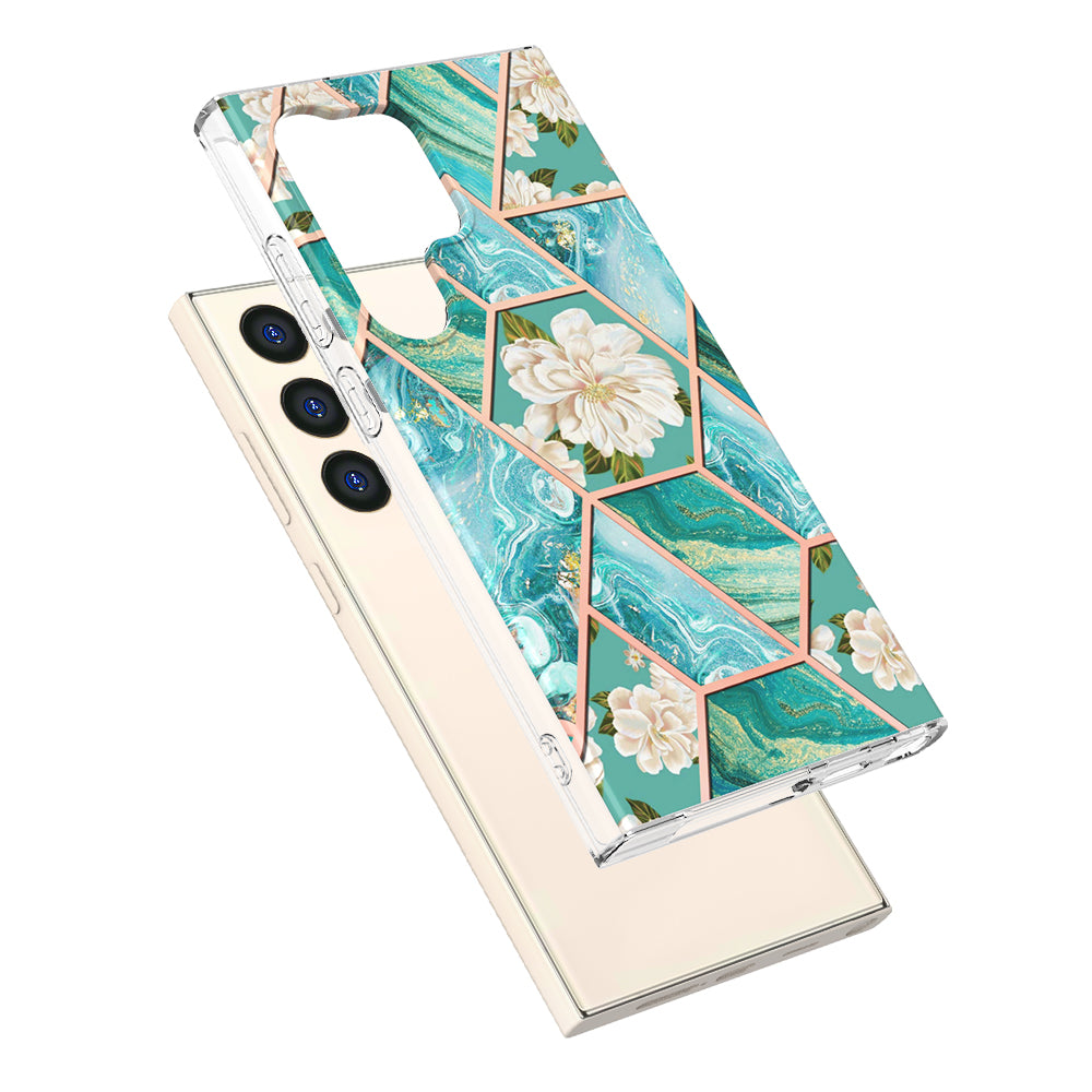 YB IMD Series-1 For Samsung Galaxy S24 Ultra Case Flexible TPU Plating Phone Cover - Blue Flowers