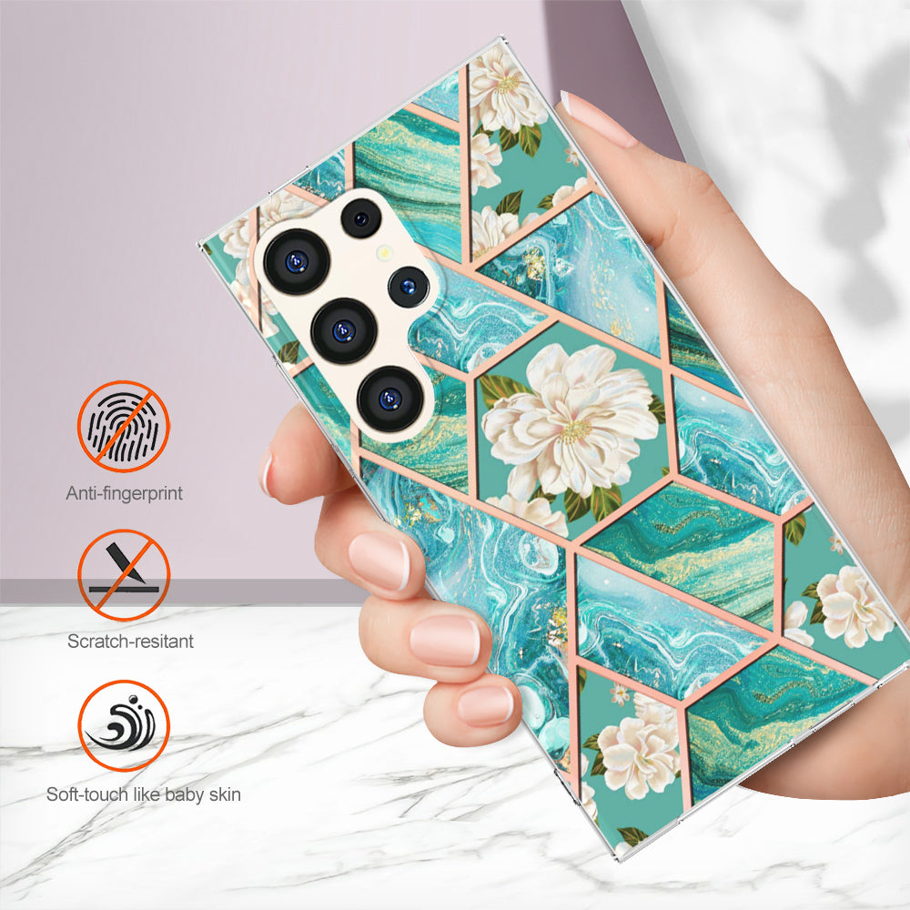 YB IMD Series-1 For Samsung Galaxy S24 Ultra Case Flexible TPU Plating Phone Cover - Blue Flowers