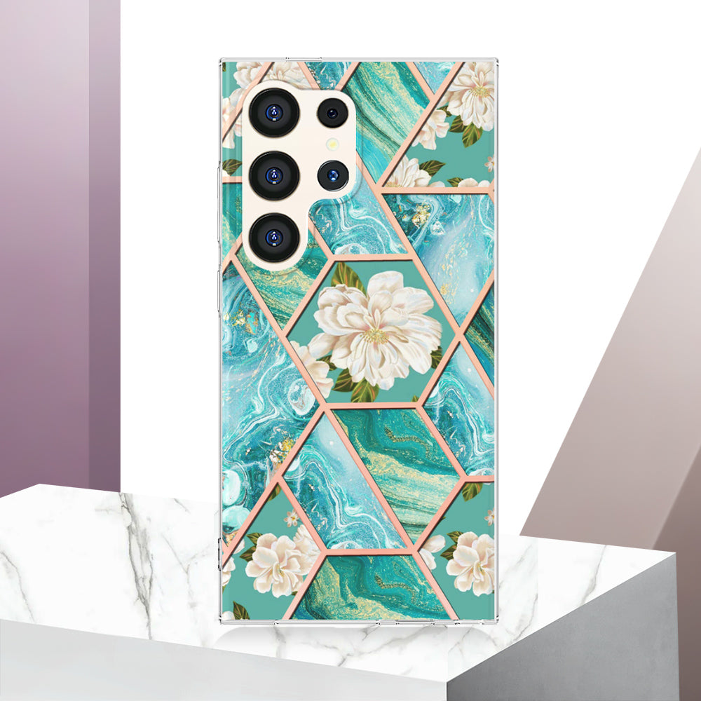 YB IMD Series-1 For Samsung Galaxy S24 Ultra Case Flexible TPU Plating Phone Cover - Blue Flowers