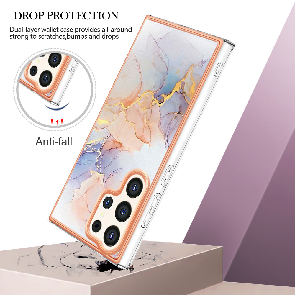 YB IMD Series-1 For Samsung Galaxy S24 Ultra Case Flexible TPU Plating Phone Cover - Milky Way Marble White