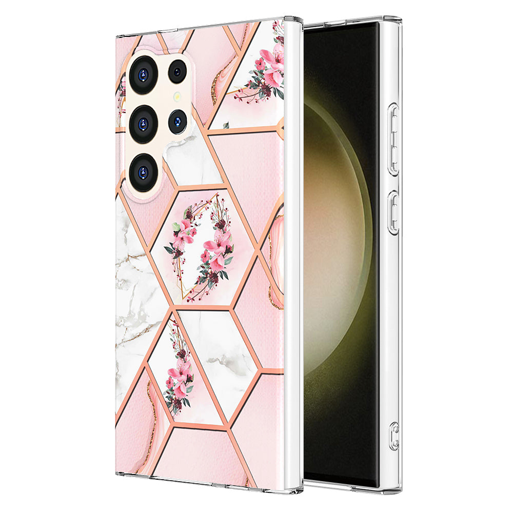 YB IMD Series-1 For Samsung Galaxy S24 Ultra Case Flexible TPU Plating Phone Cover - Pink Flowers