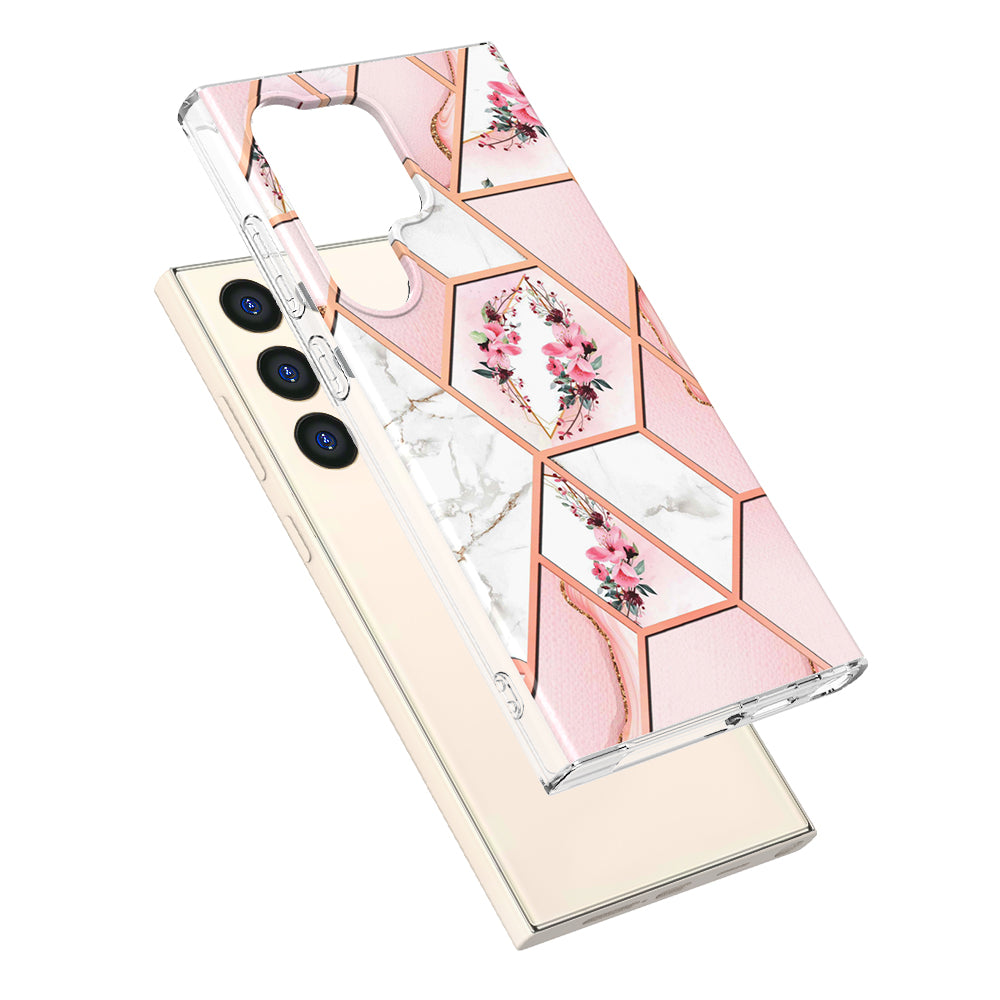 YB IMD Series-1 For Samsung Galaxy S24 Ultra Case Flexible TPU Plating Phone Cover - Pink Flowers
