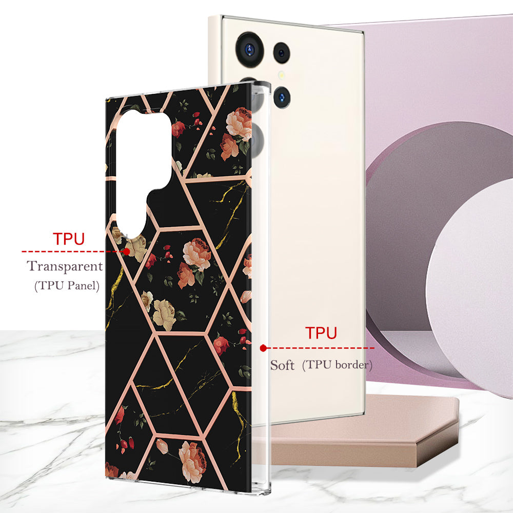 YB IMD Series-1 For Samsung Galaxy S24 Ultra Case Flexible TPU Plating Phone Cover - Black Flowers