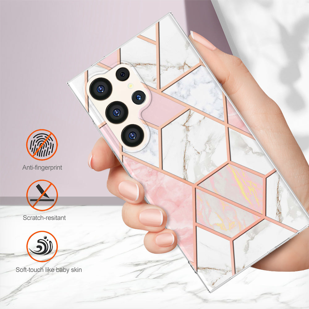 YB IMD Series-3 for Samsung Galaxy S24 Ultra TPU Case Marble Pattern Plating Phone Cover - Pink / White