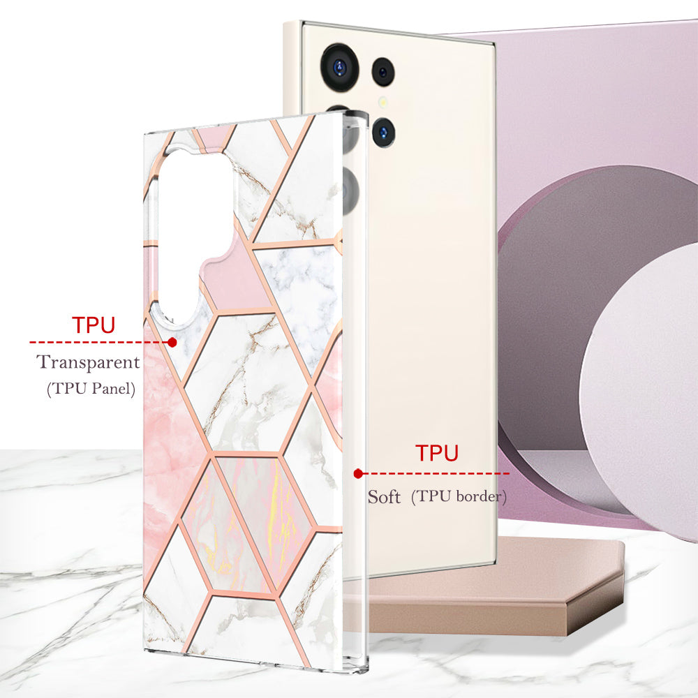 YB IMD Series-3 for Samsung Galaxy S24 Ultra TPU Case Marble Pattern Plating Phone Cover - Pink / White