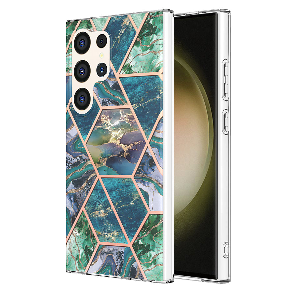 YB IMD Series-3 for Samsung Galaxy S24 Ultra TPU Case Marble Pattern Plating Phone Cover - Blue / Green