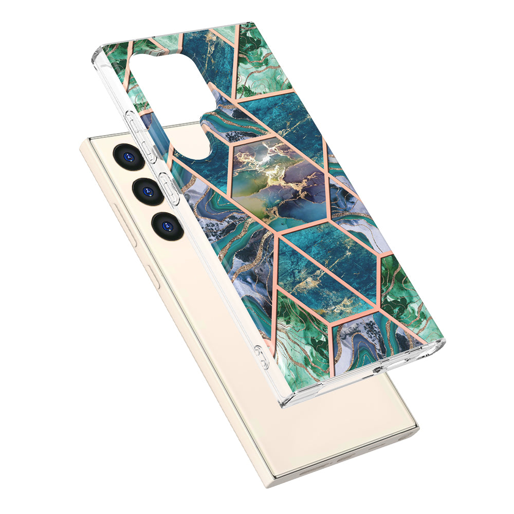 YB IMD Series-3 for Samsung Galaxy S24 Ultra TPU Case Marble Pattern Plating Phone Cover - Blue / Green