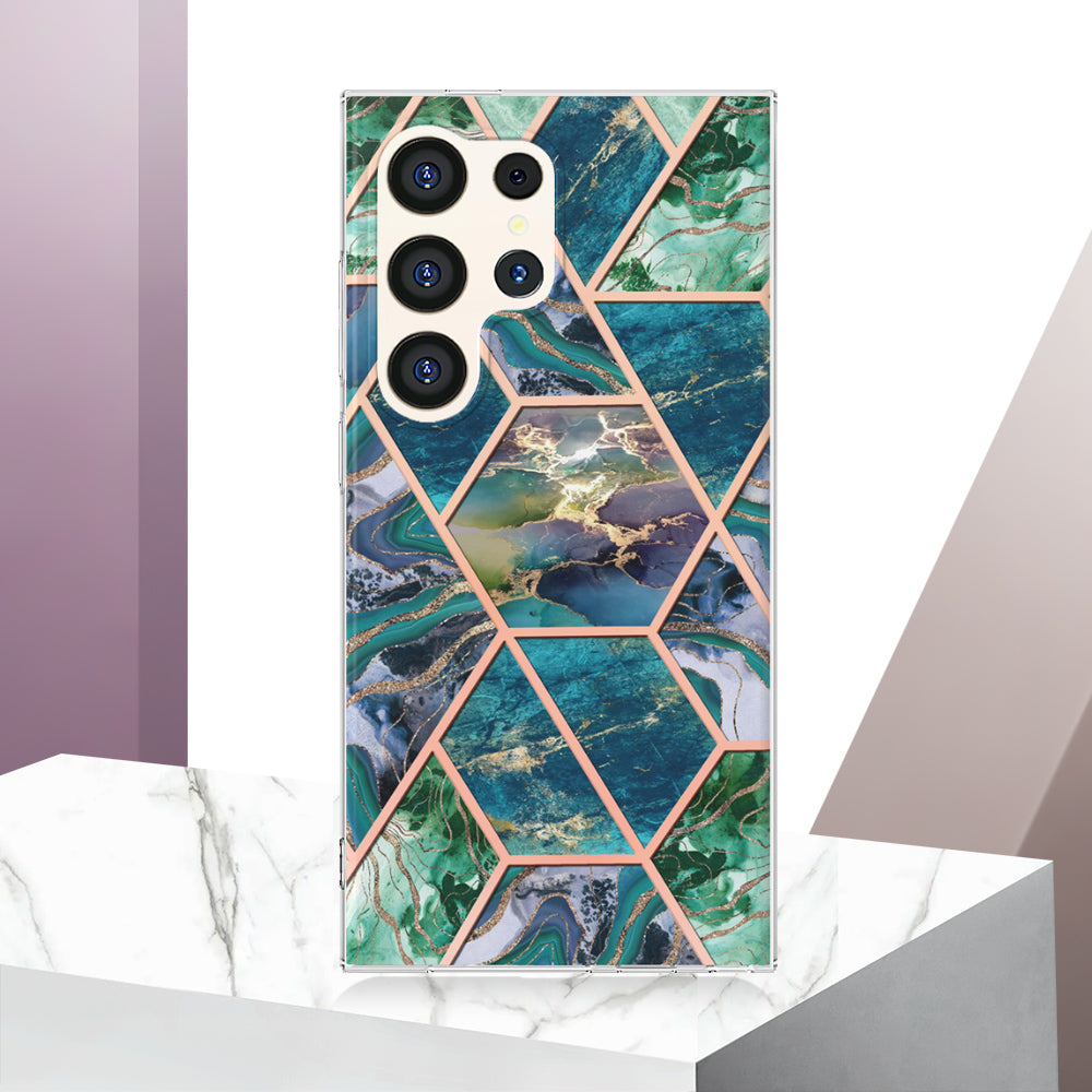 YB IMD Series-3 for Samsung Galaxy S24 Ultra TPU Case Marble Pattern Plating Phone Cover - Blue / Green