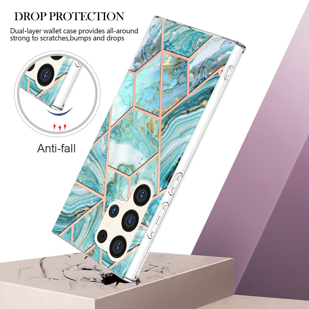 YB IMD Series-3 for Samsung Galaxy S24 Ultra TPU Case Marble Pattern Plating Phone Cover - Blue