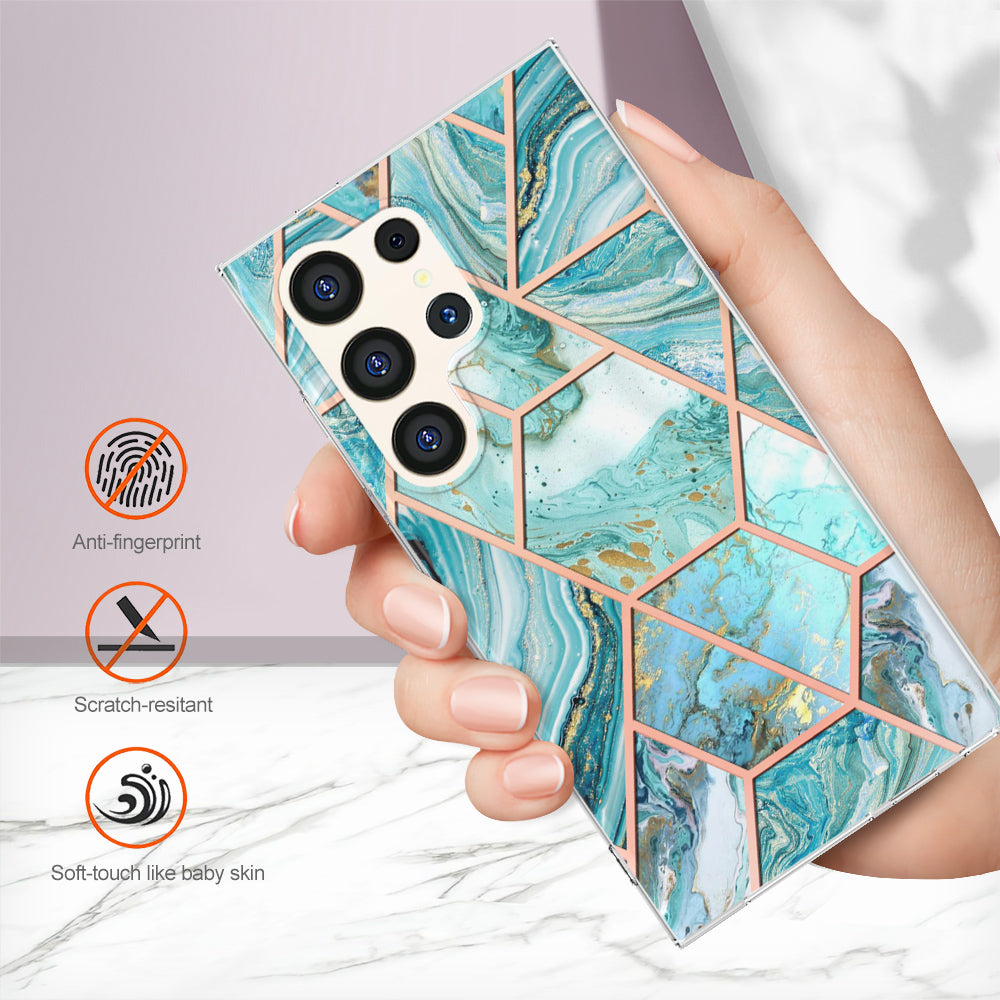 YB IMD Series-3 for Samsung Galaxy S24 Ultra TPU Case Marble Pattern Plating Phone Cover - Blue
