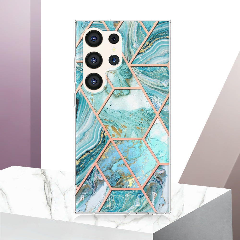 YB IMD Series-3 for Samsung Galaxy S24 Ultra TPU Case Marble Pattern Plating Phone Cover - Blue