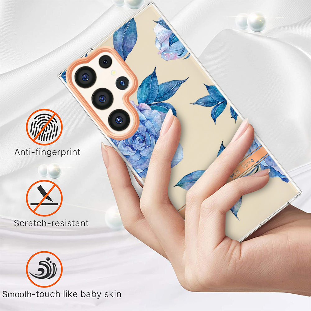 YB IMD-8 Series for Samsung Galaxy S24 Ultra TPU Case Electroplate Flower Floral Pattern Cover - HC003 Blue Peony