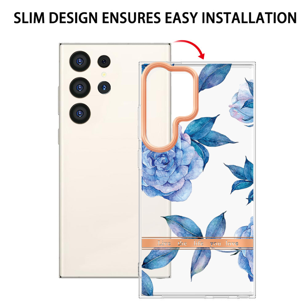 YB IMD-8 Series for Samsung Galaxy S24 Ultra TPU Case Electroplate Flower Floral Pattern Cover - HC003 Blue Peony