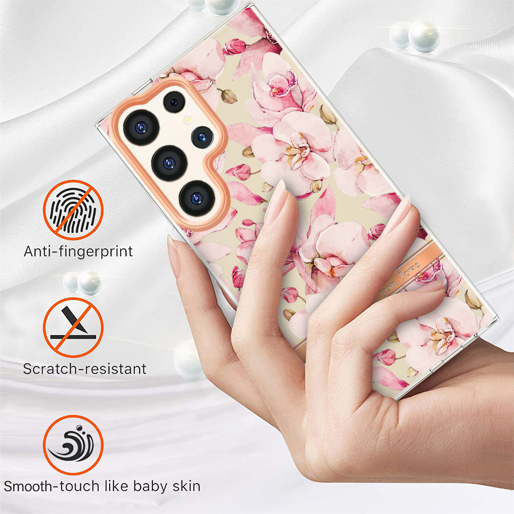 YB IMD-8 Series for Samsung Galaxy S24 Ultra TPU Case Electroplate Flower Floral Pattern Cover - HC005 Pink Gardenia