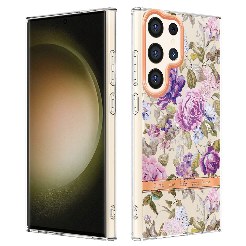 YB IMD-8 Series for Samsung Galaxy S24 Ultra TPU Case Electroplate Flower Floral Pattern Cover - HC006 Purple Peony
