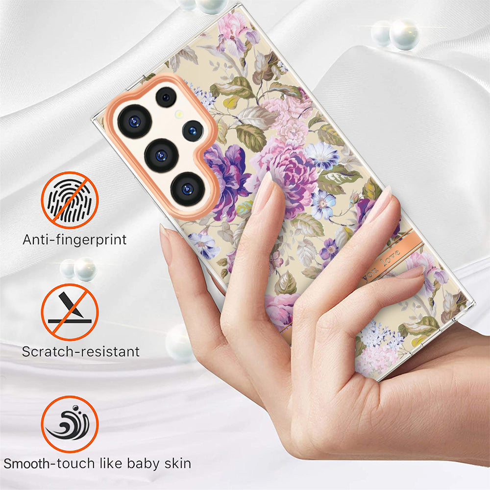 YB IMD-8 Series for Samsung Galaxy S24 Ultra TPU Case Electroplate Flower Floral Pattern Cover - HC006 Purple Peony