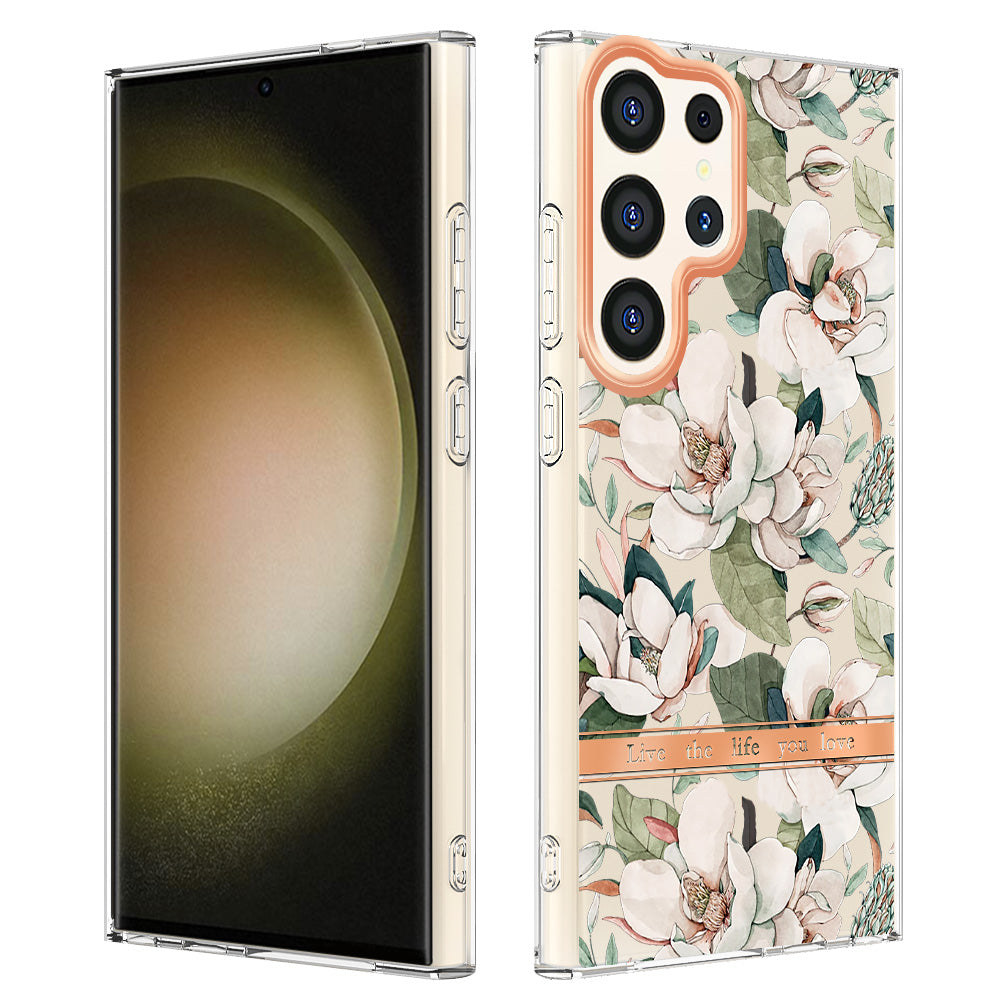 YB IMD-8 Series for Samsung Galaxy S24 Ultra TPU Case Electroplate Flower Floral Pattern Cover - HC001 Green Gardenia