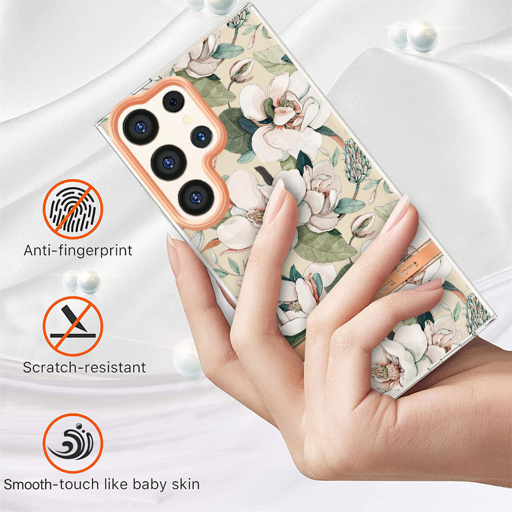 YB IMD-8 Series for Samsung Galaxy S24 Ultra TPU Case Electroplate Flower Floral Pattern Cover - HC001 Green Gardenia