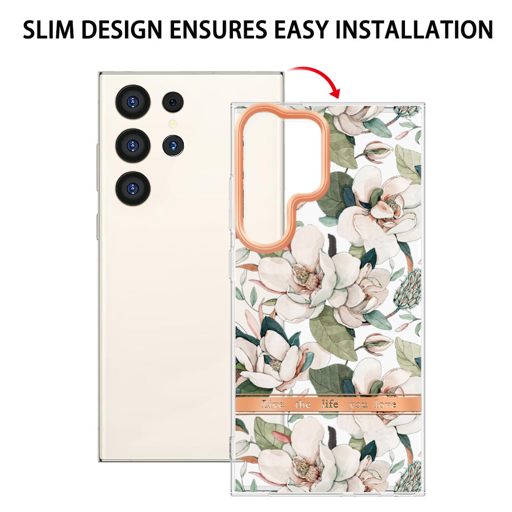 YB IMD-8 Series for Samsung Galaxy S24 Ultra TPU Case Electroplate Flower Floral Pattern Cover - HC001 Green Gardenia