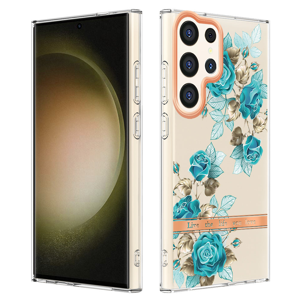YB IMD-8 Series for Samsung Galaxy S24 Ultra TPU Case Electroplate Flower Floral Pattern Cover - HC002 Blue Rose