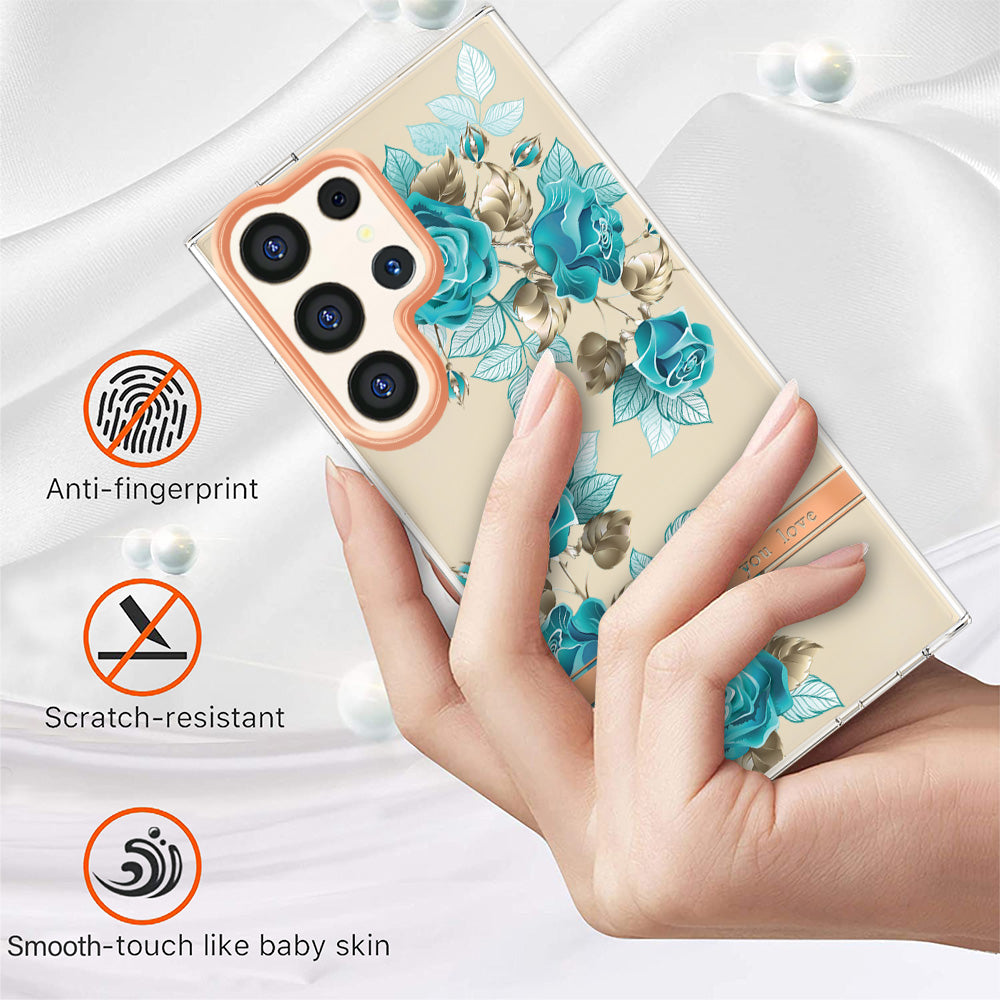 YB IMD-8 Series for Samsung Galaxy S24 Ultra TPU Case Electroplate Flower Floral Pattern Cover - HC002 Blue Rose