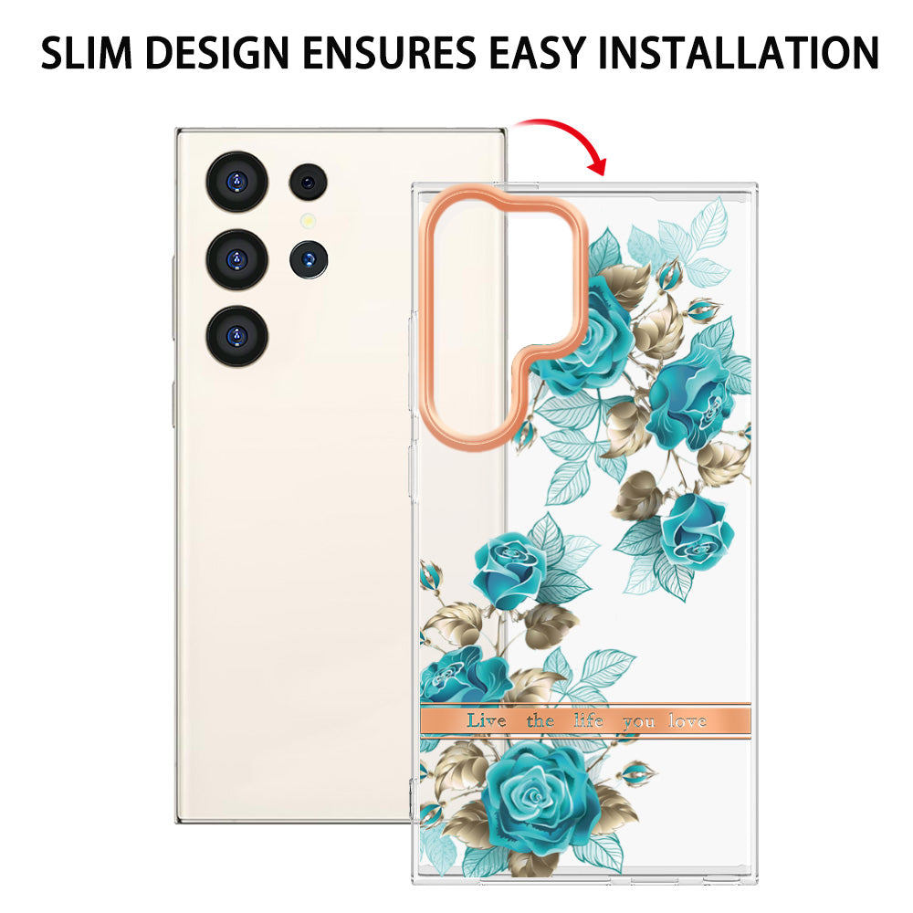 YB IMD-8 Series for Samsung Galaxy S24 Ultra TPU Case Electroplate Flower Floral Pattern Cover - HC002 Blue Rose