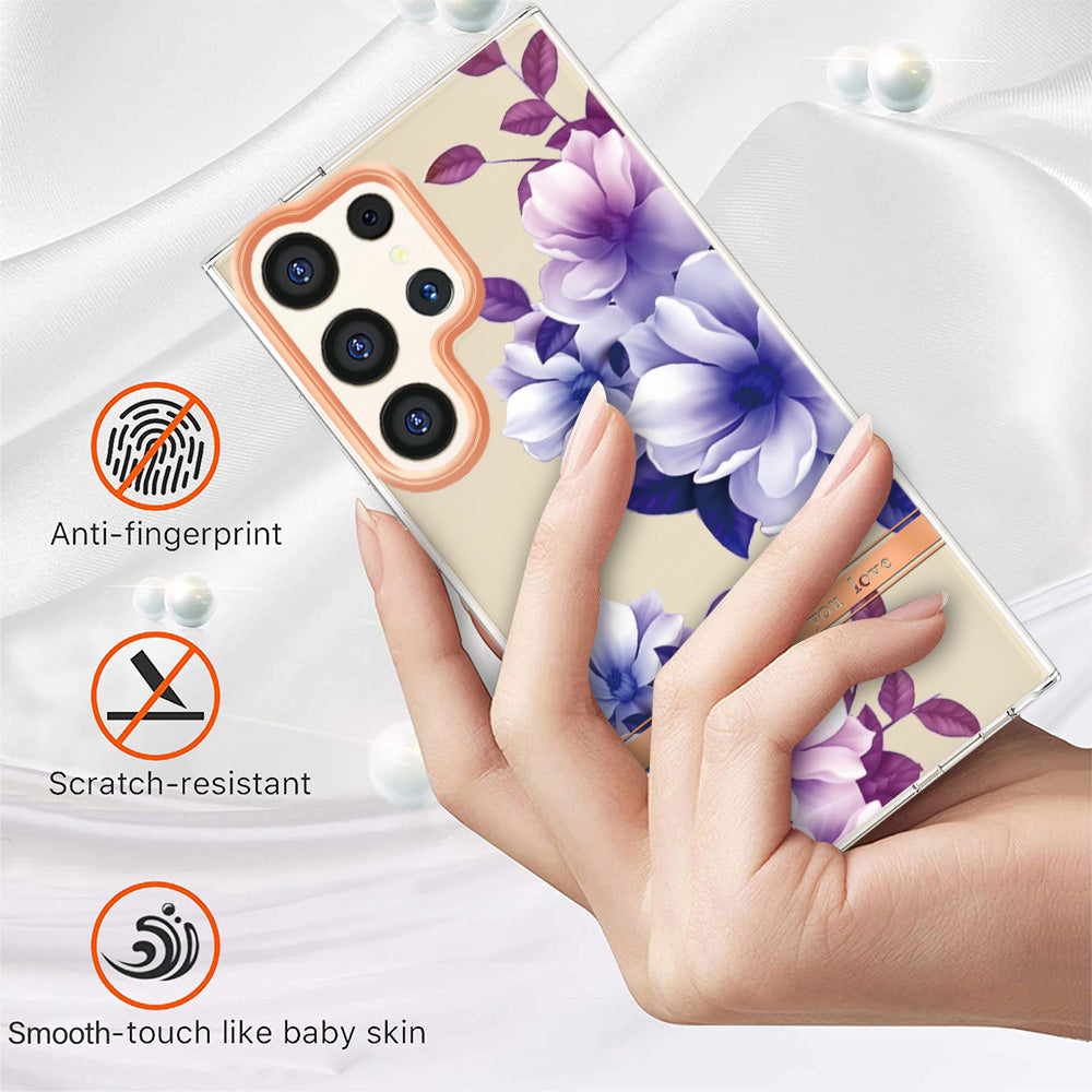 YB IMD-8 Series for Samsung Galaxy S24 Ultra TPU Case Electroplate Flower Floral Pattern Cover - HC004 Purple Begonia