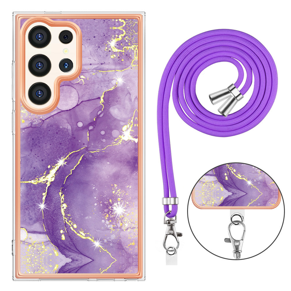 YB IMD Series-9 For Samsung Galaxy S24 Ultra Electroplating Cover Marble Pattern Phone Case with Lanyard - Purple 002