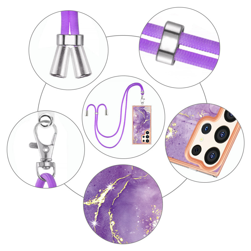 YB IMD Series-9 For Samsung Galaxy S24 Ultra Electroplating Cover Marble Pattern Phone Case with Lanyard - Purple 002