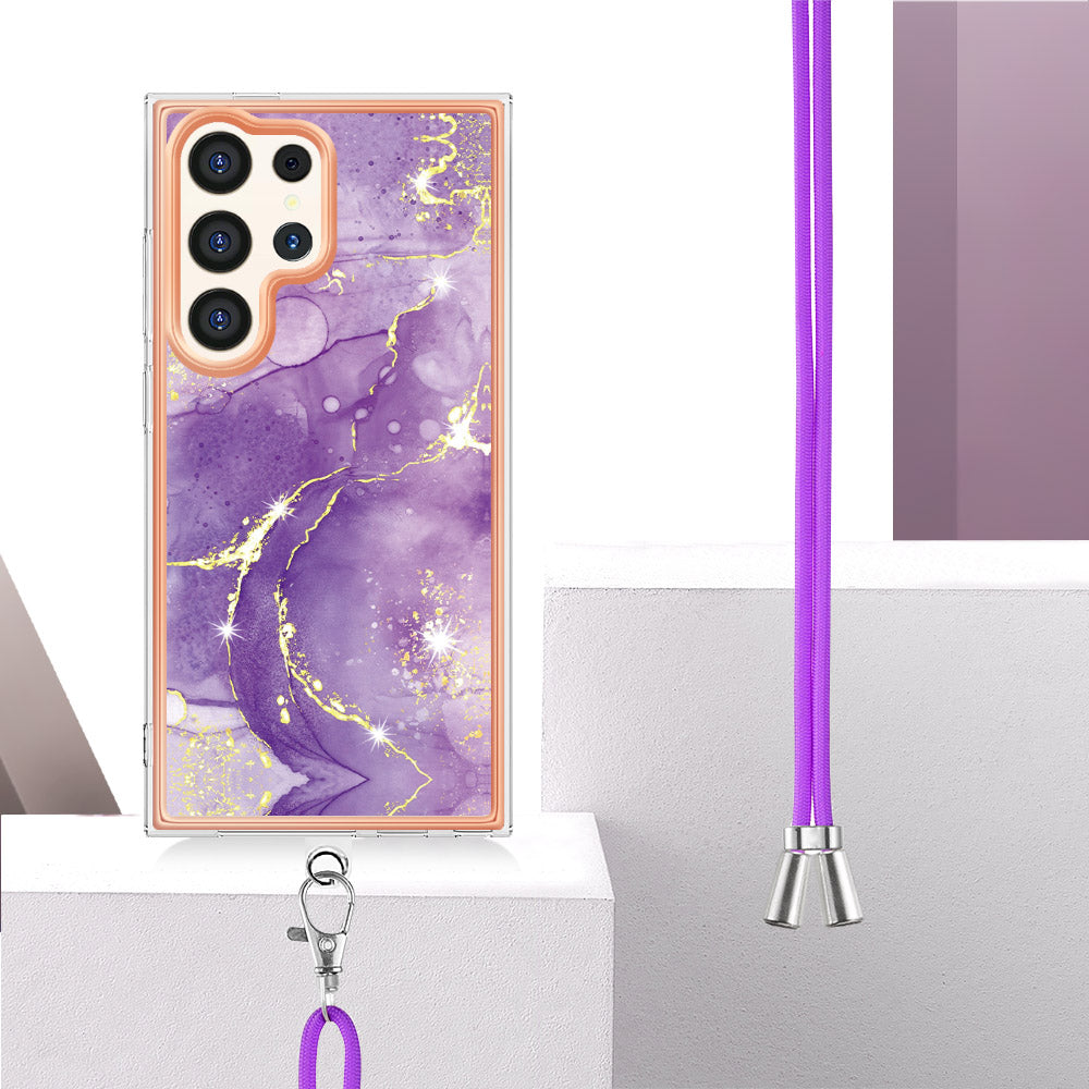 YB IMD Series-9 For Samsung Galaxy S24 Ultra Electroplating Cover Marble Pattern Phone Case with Lanyard - Purple 002