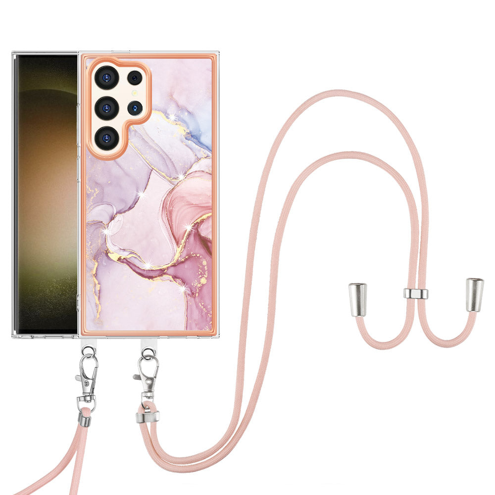 YB IMD Series-9 For Samsung Galaxy S24 Ultra Electroplating Cover Marble Pattern Phone Case with Lanyard - Rose Gold 005