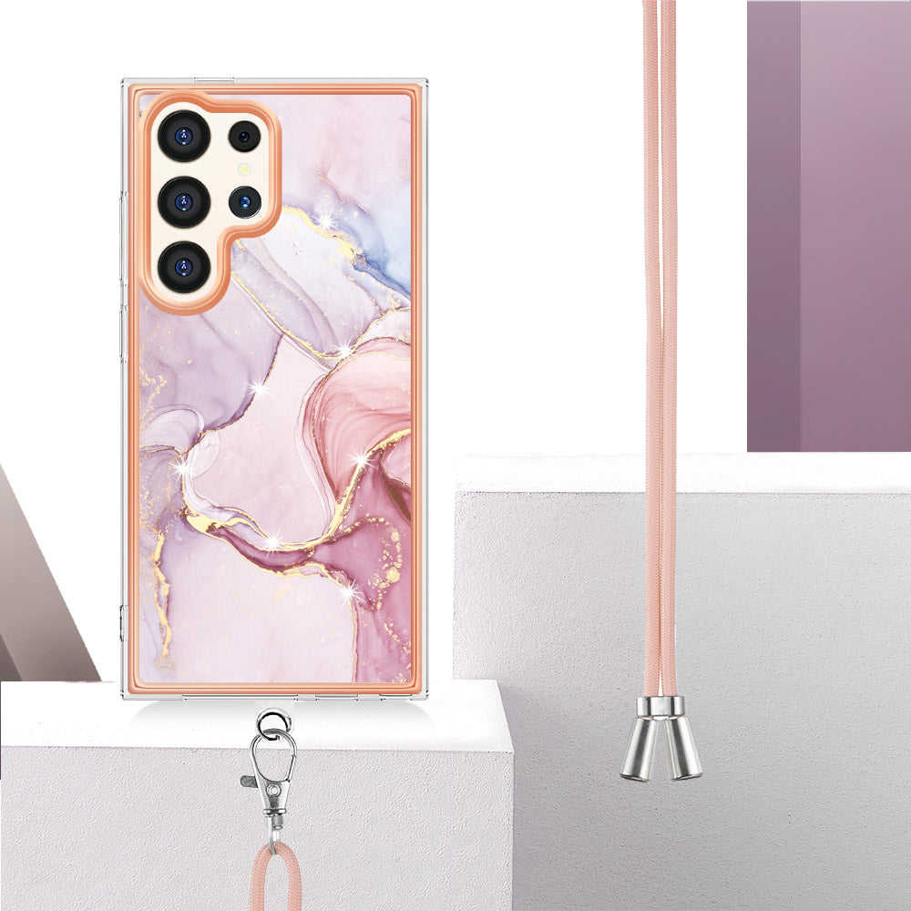 YB IMD Series-9 For Samsung Galaxy S24 Ultra Electroplating Cover Marble Pattern Phone Case with Lanyard - Rose Gold 005