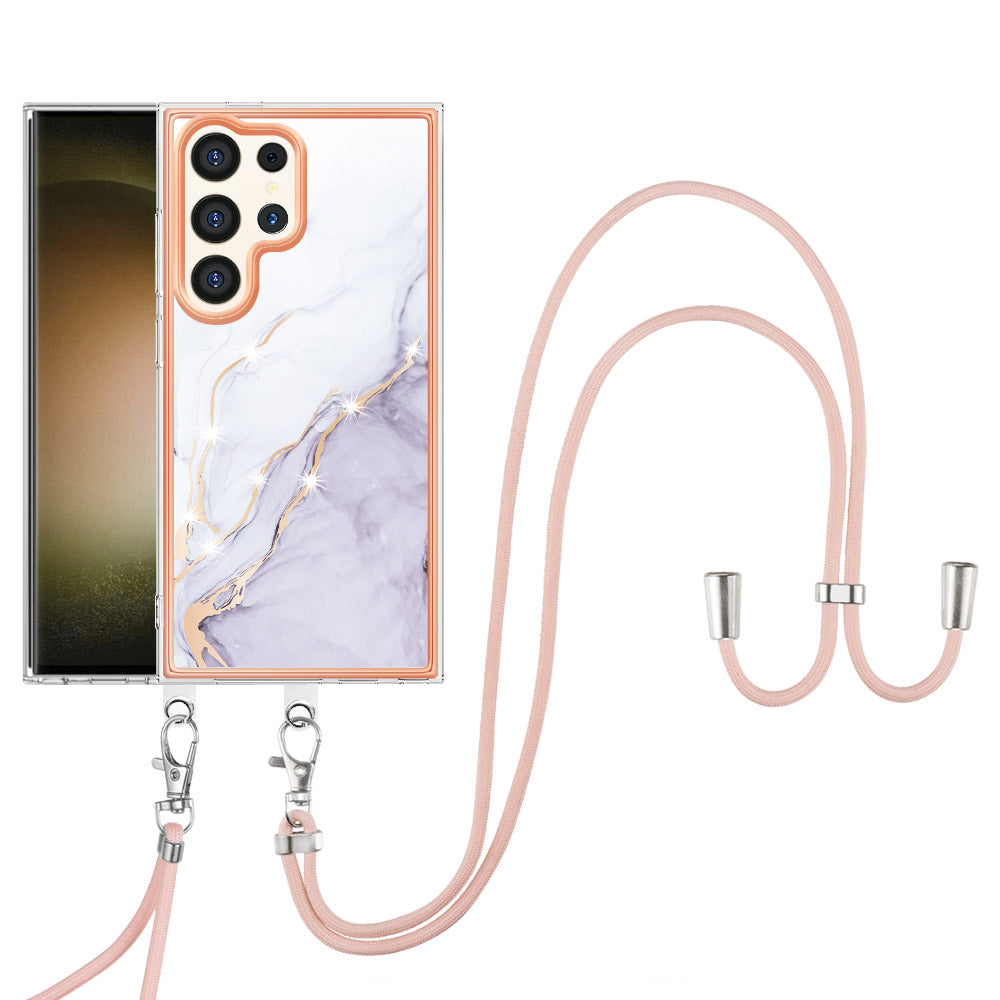 YB IMD Series-9 For Samsung Galaxy S24 Ultra Electroplating Cover Marble Pattern Phone Case with Lanyard - White 006