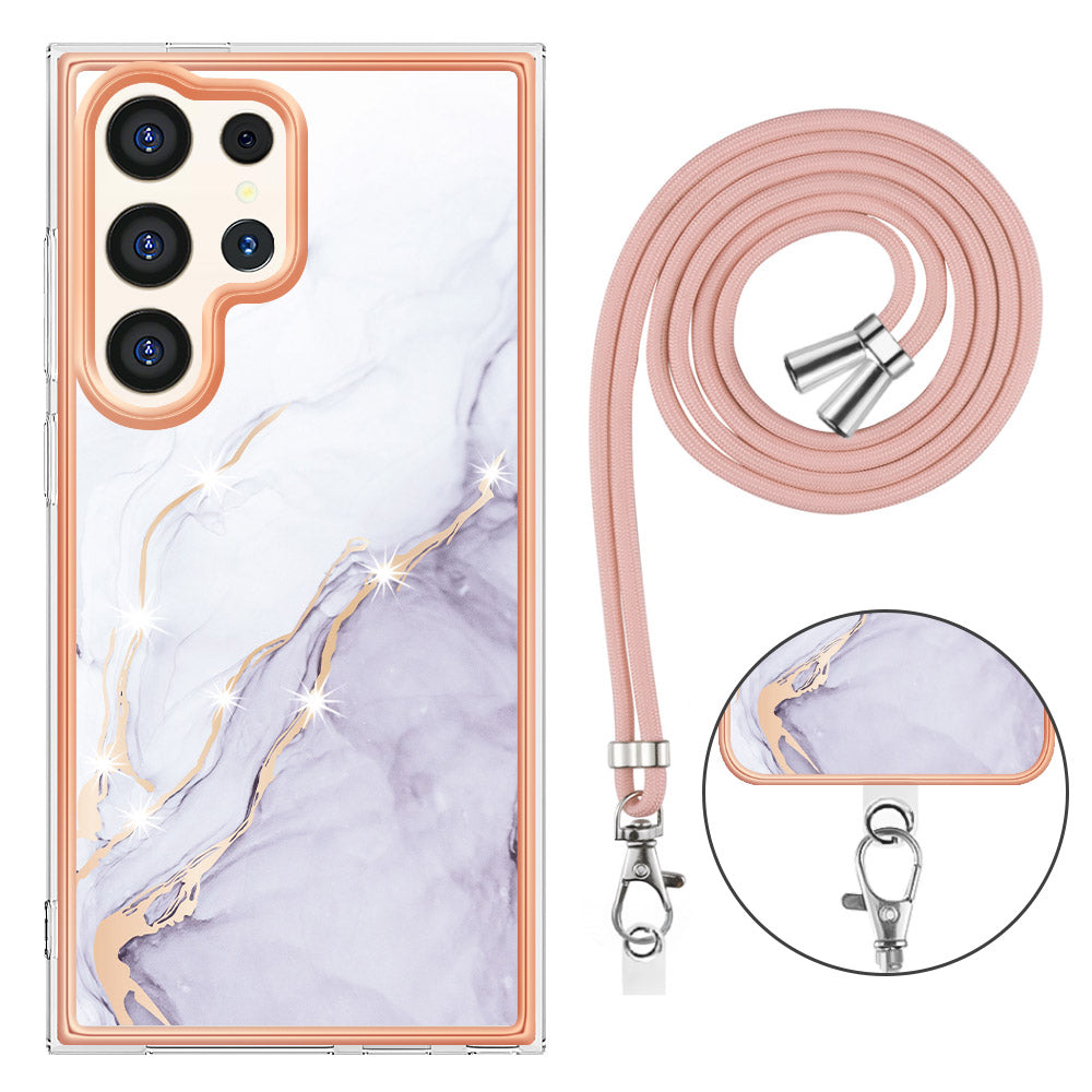 YB IMD Series-9 For Samsung Galaxy S24 Ultra Electroplating Cover Marble Pattern Phone Case with Lanyard - White 006