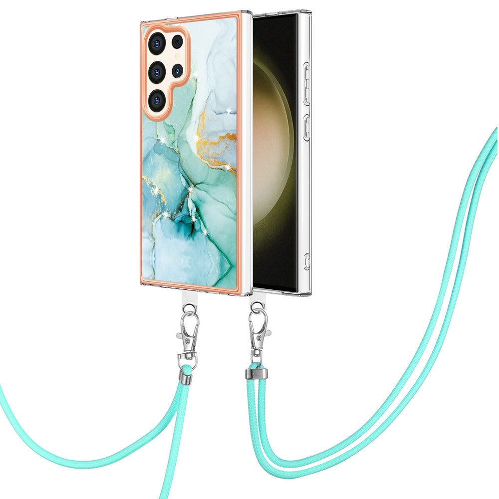YB IMD Series-9 For Samsung Galaxy S24 Ultra Electroplating Cover Marble Pattern Phone Case with Lanyard - Green 003