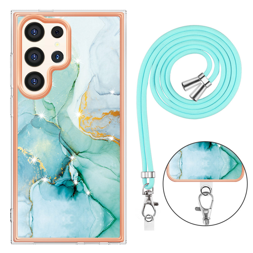 YB IMD Series-9 For Samsung Galaxy S24 Ultra Electroplating Cover Marble Pattern Phone Case with Lanyard - Green 003
