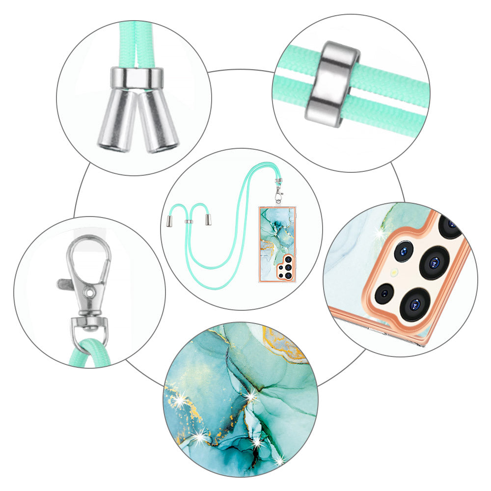 YB IMD Series-9 For Samsung Galaxy S24 Ultra Electroplating Cover Marble Pattern Phone Case with Lanyard - Green 003