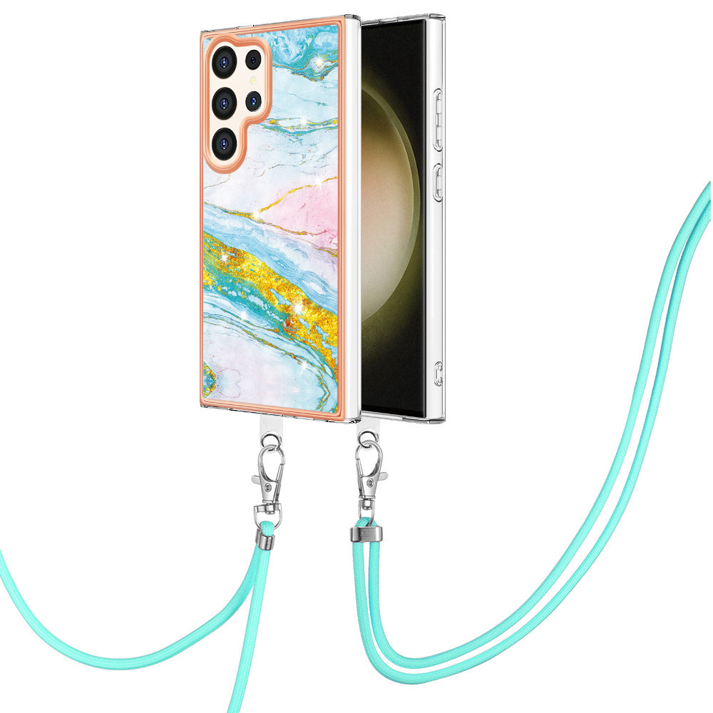 YB IMD Series-9 For Samsung Galaxy S24 Ultra Electroplating Cover Marble Pattern Phone Case with Lanyard - Green 004