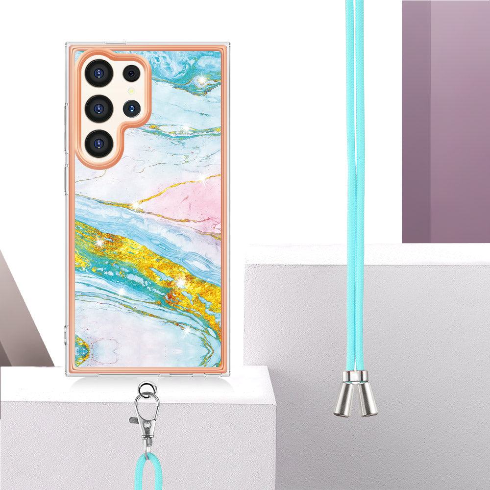 YB IMD Series-9 For Samsung Galaxy S24 Ultra Electroplating Cover Marble Pattern Phone Case with Lanyard - Green 004