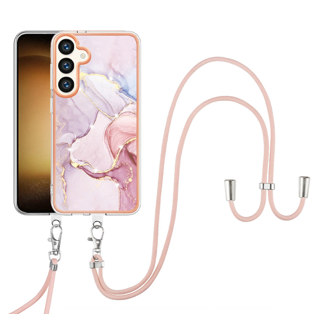 YB IMD Series-9 For Samsung Galaxy S24 TPU Case Marble Phone Cover with Lanyard - Rose Gold 005