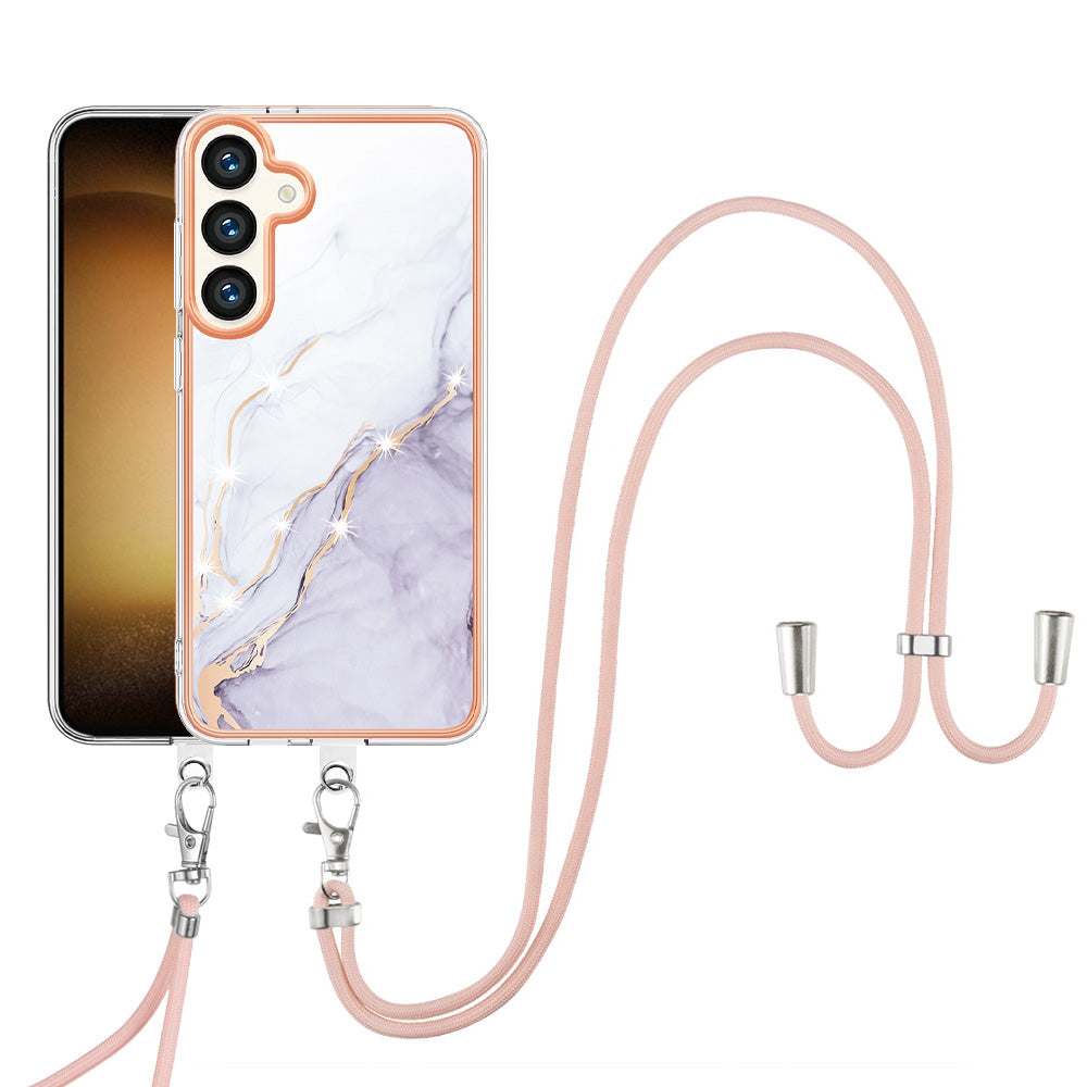 YB IMD Series-9 For Samsung Galaxy S24 TPU Case Marble Phone Cover with Lanyard - White 006