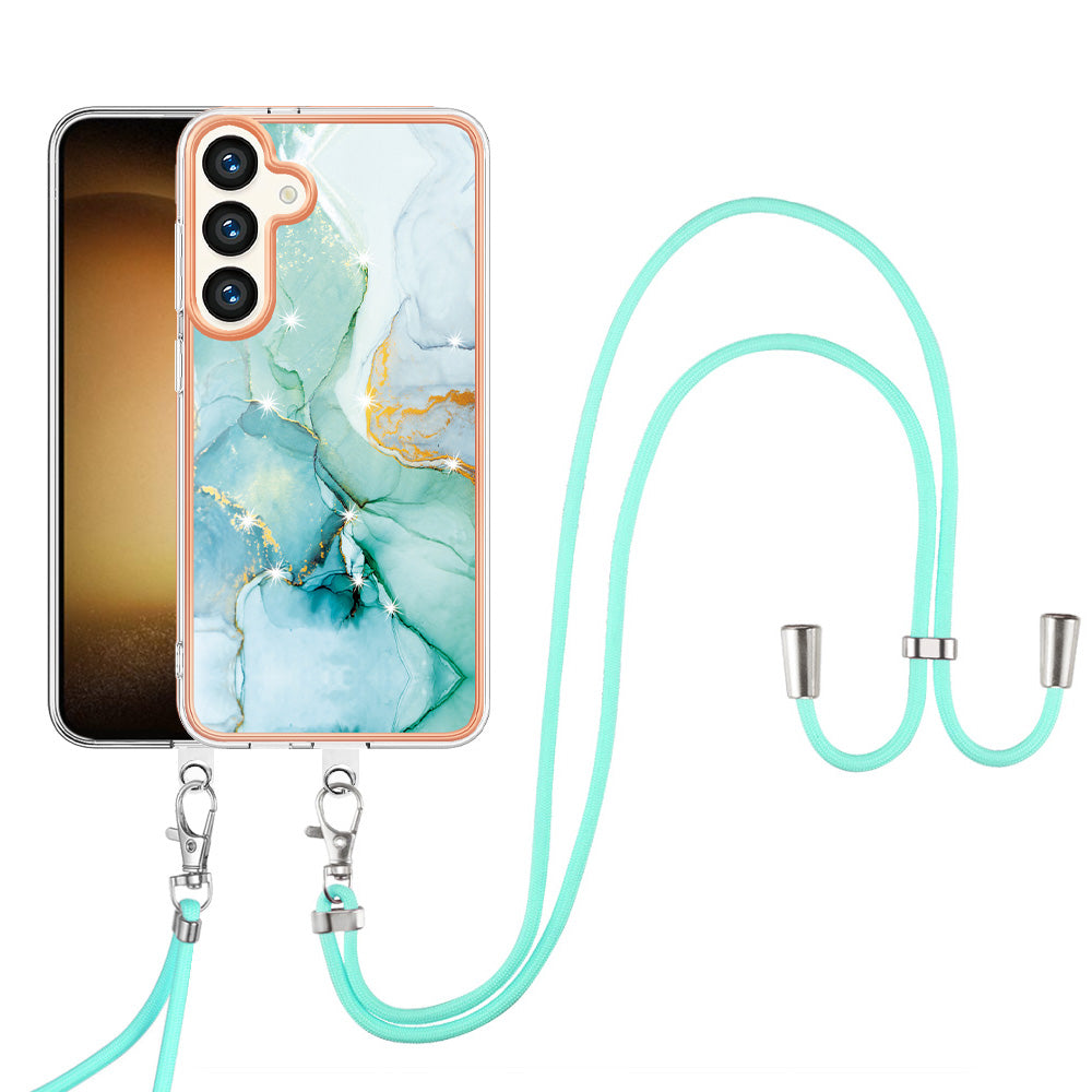 YB IMD Series-9 For Samsung Galaxy S24 TPU Case Marble Phone Cover with Lanyard - Green 003