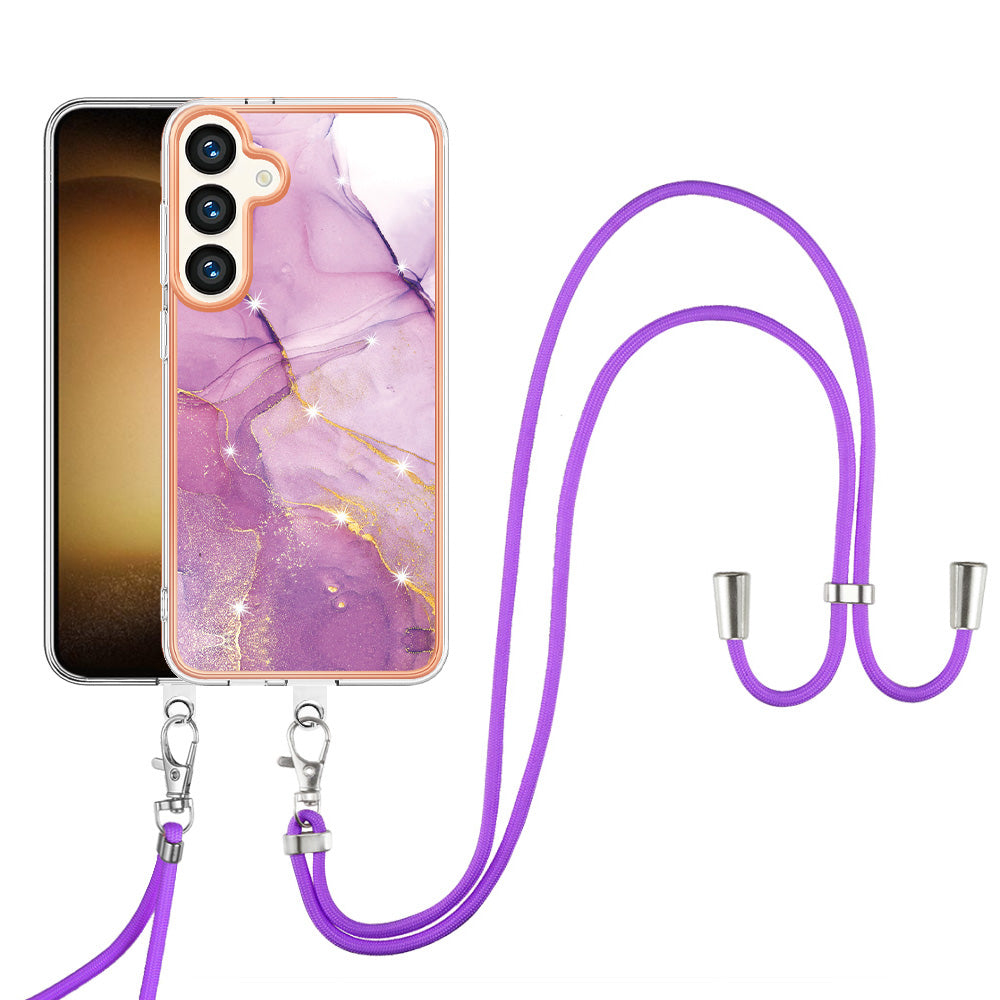 YB IMD Series-9 For Samsung Galaxy S24+ Marble Case TPU Shock Absorbing Cover with Lanyard - Purple 001