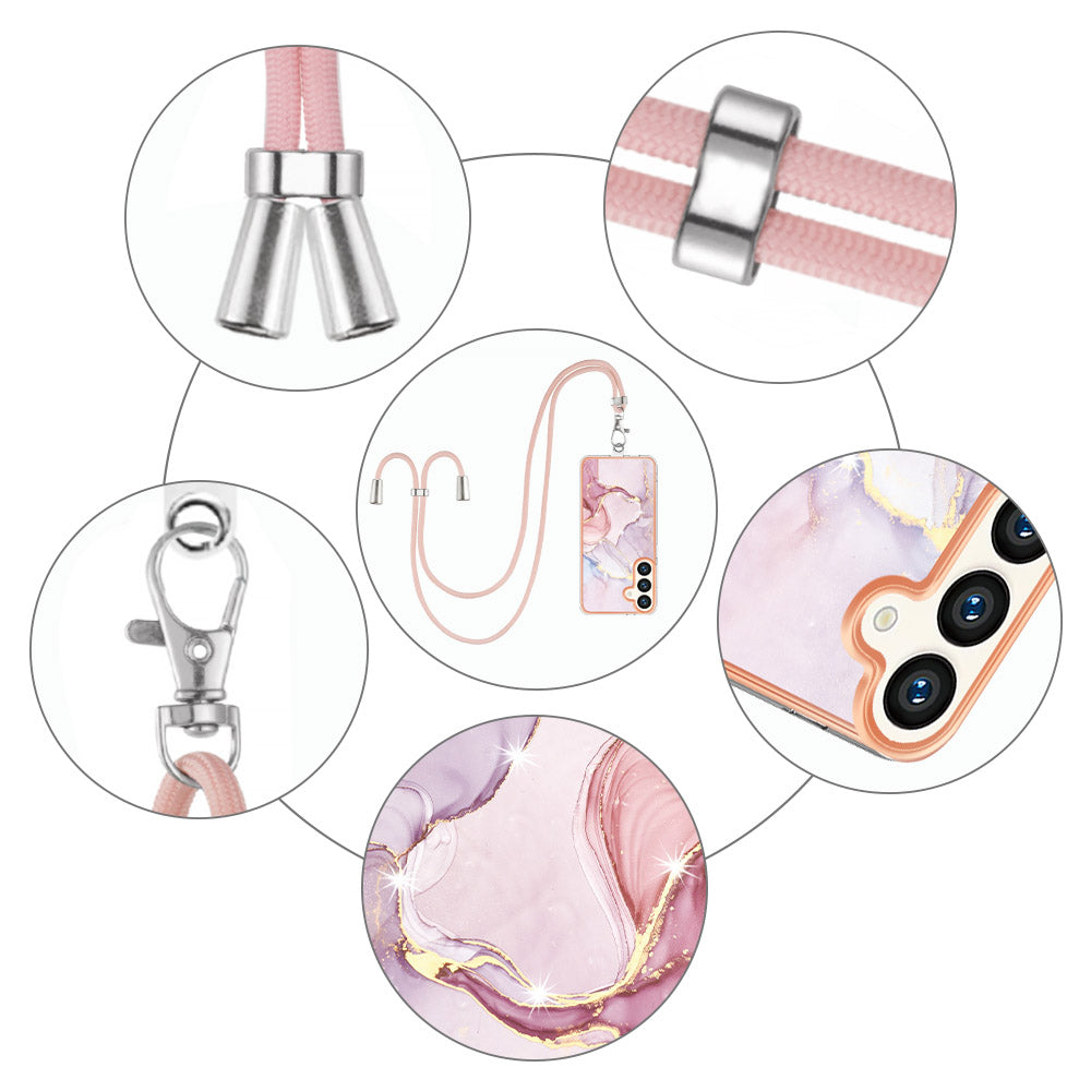 YB IMD Series-9 For Samsung Galaxy S24+ Marble Case TPU Shock Absorbing Cover with Lanyard - Rose Gold 005