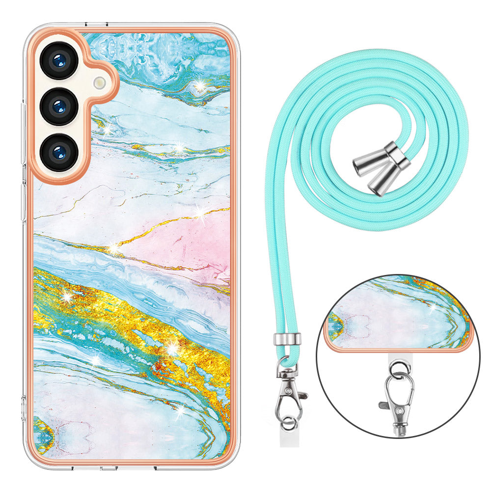 YB IMD Series-9 For Samsung Galaxy S24+ Marble Case TPU Shock Absorbing Cover with Lanyard - Green 004