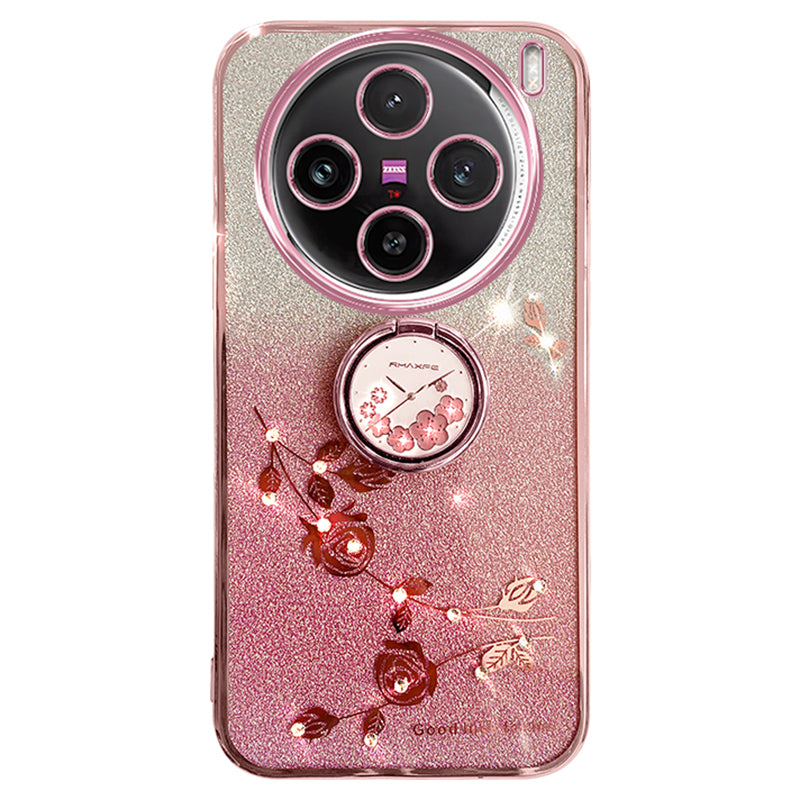 KADEM For vivo X100 Pro 5G Ring Kickstand TPU Phone Case Glitter Powder Cell Phone Cover - Rose Gold