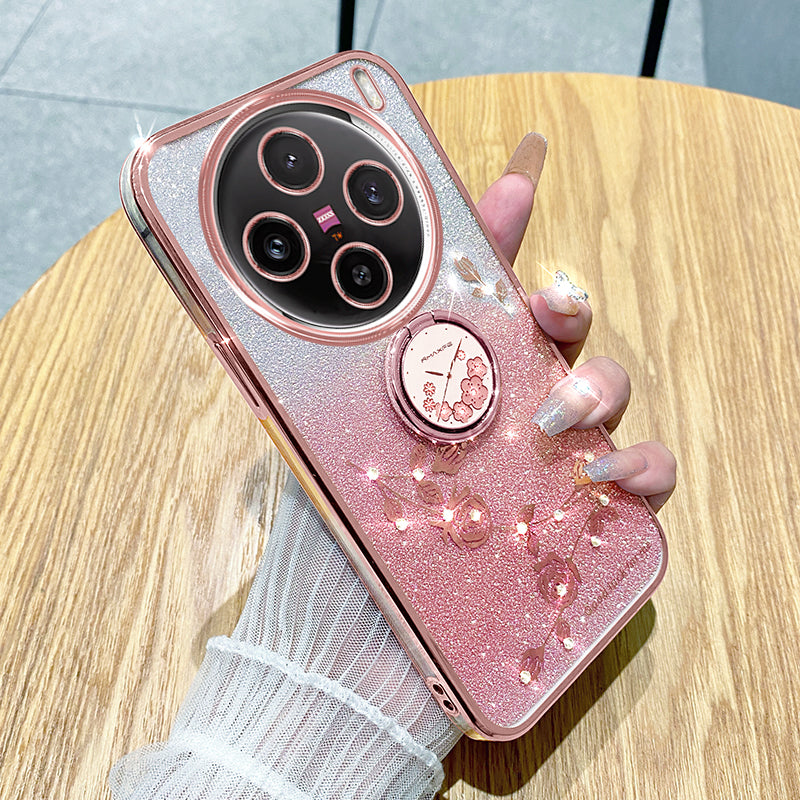 KADEM For vivo X100 Pro 5G Ring Kickstand TPU Phone Case Glitter Powder Cell Phone Cover - Rose Gold