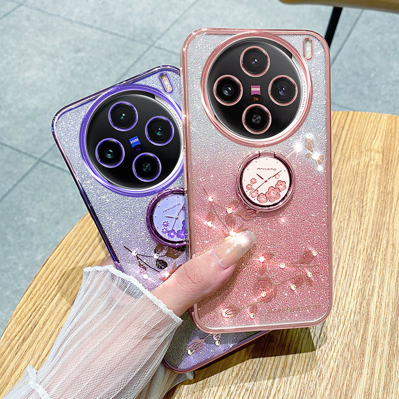 KADEM For vivo X100 Pro 5G Ring Kickstand TPU Phone Case Glitter Powder Cell Phone Cover - Rose Gold