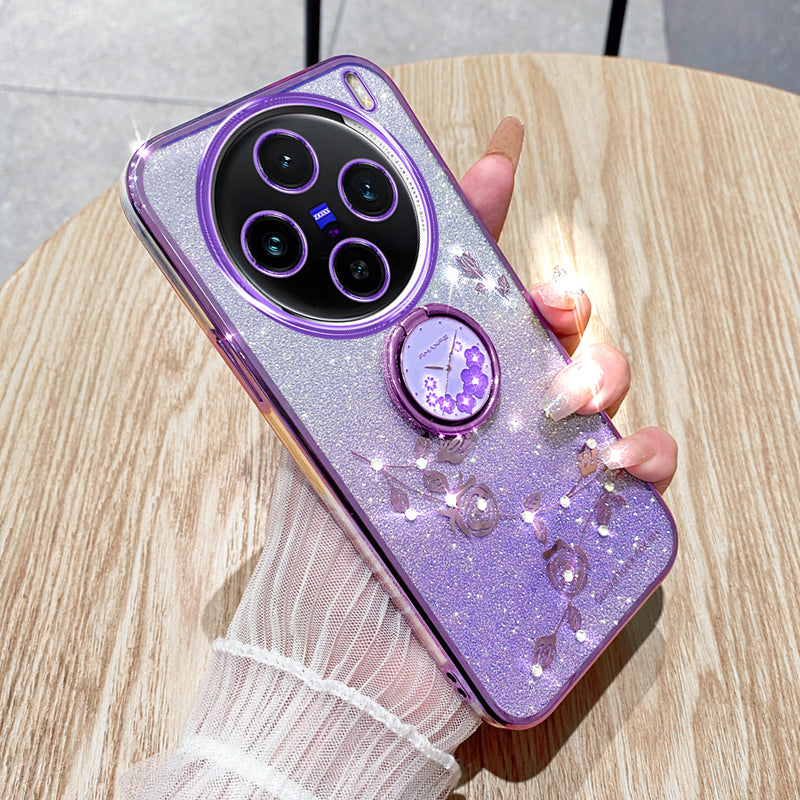 KADEM For vivo X100 Pro 5G Ring Kickstand TPU Phone Case Glitter Powder Cell Phone Cover - Purple
